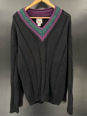 Vintage 90s Body Equip Black Ramie Cotton V-Neck Preppy Knit Sweater Size XL